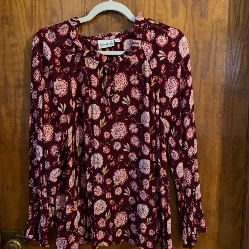 Wonderly Burgundy Long Sleeve Pleated Blouse